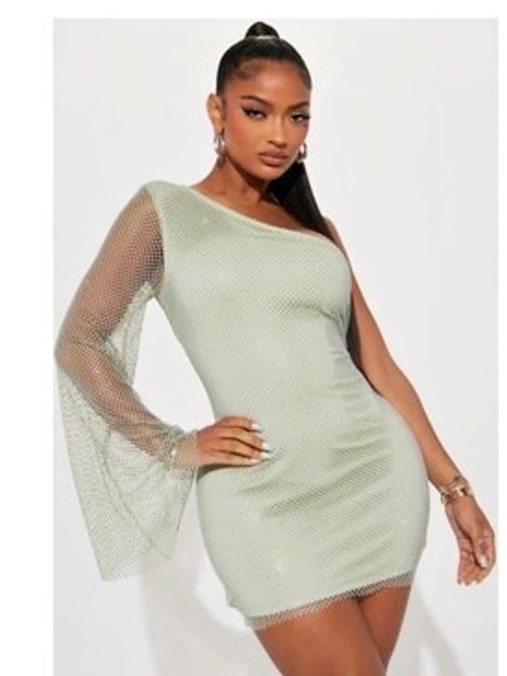 Fashion Nova Sage Green Mesh Mini Dress